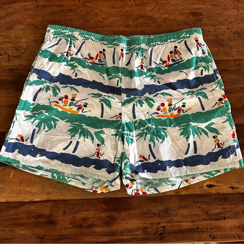 IZOD LACOSTE Vtg 90s Cotton Swim Trunks Hawaiian All Over Print Water Shorts M